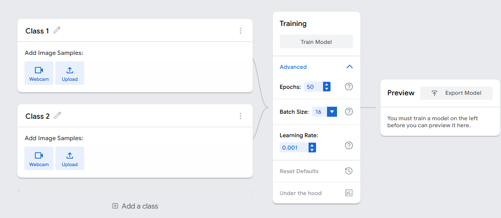 Teachable Machine Training Options